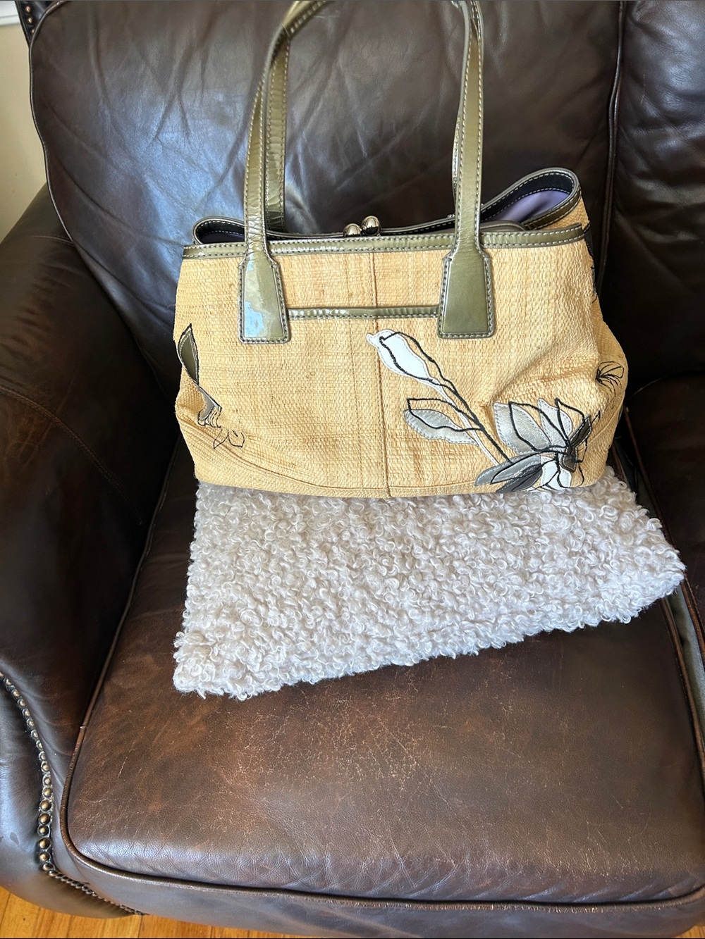 Coach Straw Floral Appliqué Tote with Olive Trim - Picture 2 of 5